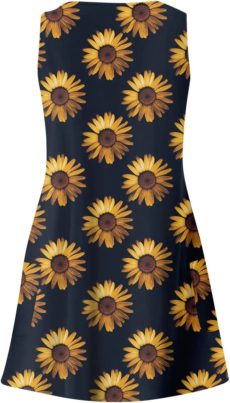 Sun Dresses for Women 2024 Sundress with Pockets Boho Beach Dress Floral T-Shirts Dress V Neck Loose Tank Dresses