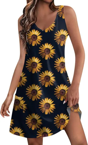 Sun Dresses for Women 2024 Sundress with Pockets Boho Beach Dress Floral T-Shirts Dress V Neck Loose Tank Dresses