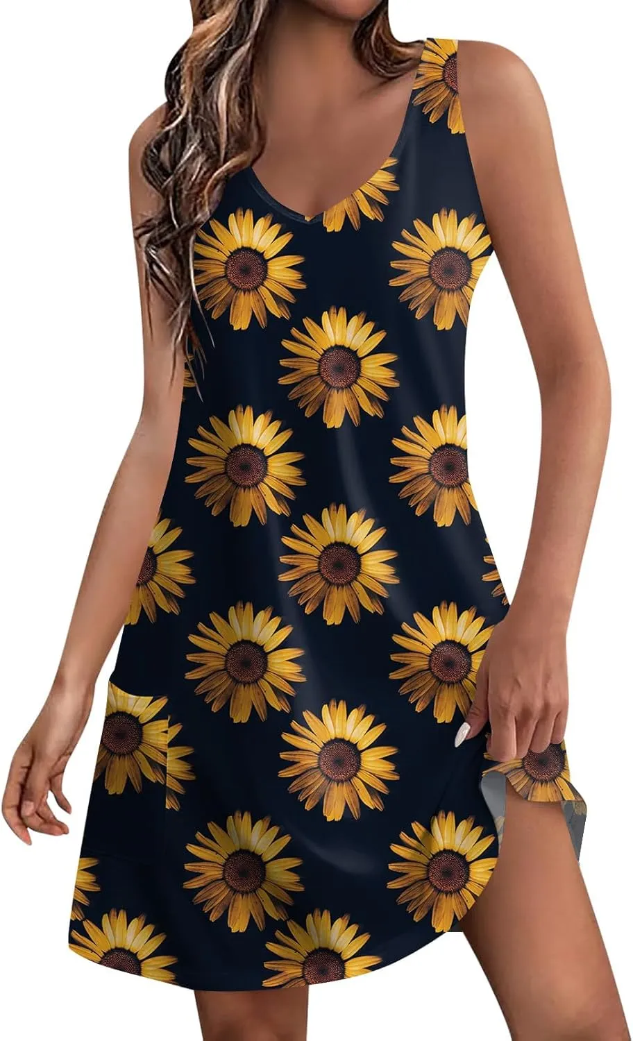 Sun Dresses for Women 2024 Sundress with Pockets Boho Beach Dress Floral T-Shirts Dress V Neck Loose Tank Dresses