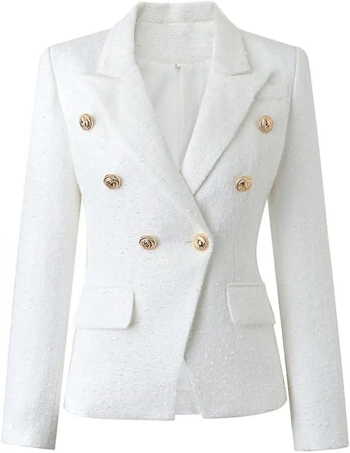 Women Fall Thick Tweed Fabric Suit Jacket Slim Double Breasted White Blazer
