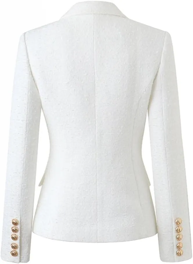 Women Fall Thick Tweed Fabric Suit Jacket Slim Double Breasted White Blazer