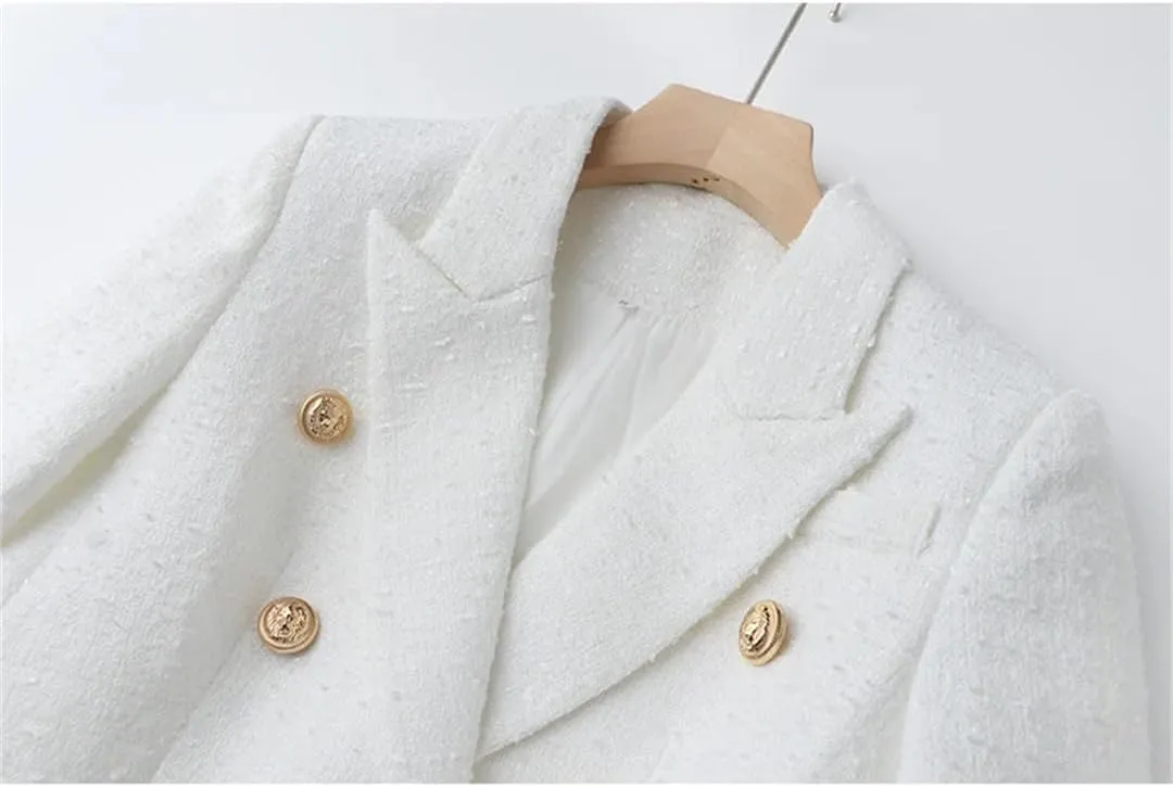 Women Fall Thick Tweed Fabric Suit Jacket Slim Double Breasted White Blazer