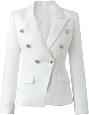 Women Fall Thick Tweed Fabric Suit Jacket Slim Double Breasted White Blazer