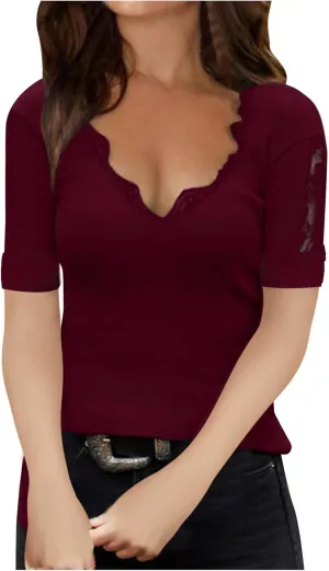 Women Pullover Blouse Short Off Sleeved Shoulder Commuting Bottoming Lace V-Neck Women's Blouse Shirt Pack for