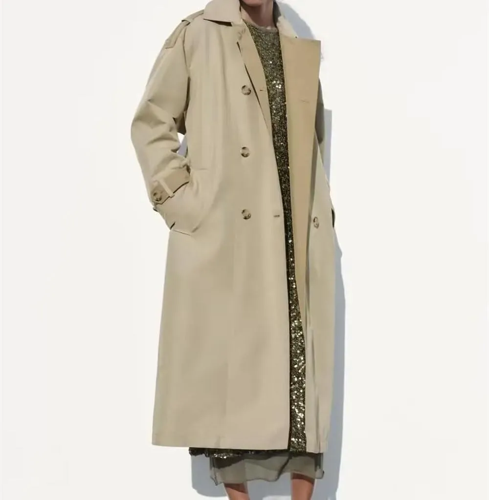 Women's Autumn Classic Double-Breasted Lapel Trench Coat With Belt Loose Trench Coat Large Size