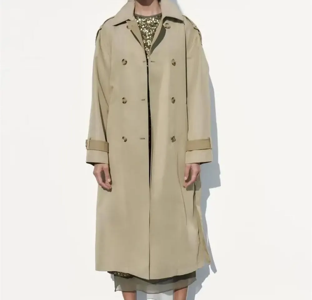 Women's Autumn Classic Double-Breasted Lapel Trench Coat With Belt Loose Trench Coat Large Size