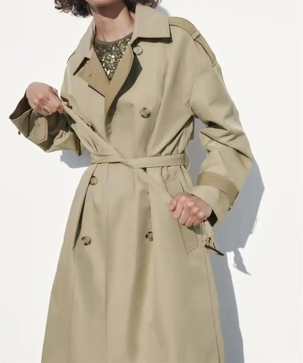 Women's Autumn Classic Double-Breasted Lapel Trench Coat With Belt Loose Trench Coat Large Size