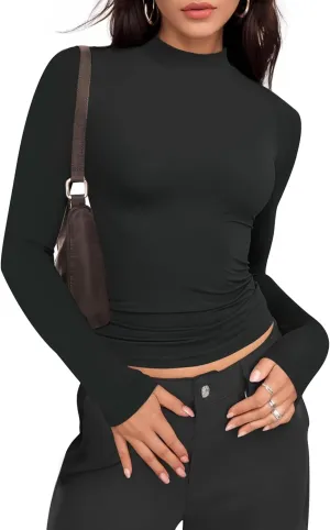 Womens Basic Casual Crop Tops Summer Fall White Black Long Sleeves Slim Fit Tees Mock Turtle Neck T Shirts Plain Going Out Y2k Plain Cute Tops Tight Fitted Sexy Compression Trendy Clothes Baby Tee