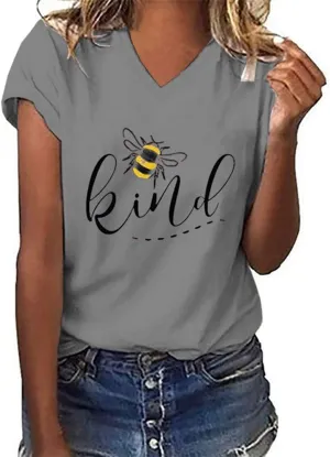 Womens Be Kind Graphic Tees V Neck Cute Printed Summer Casual T Shirts Tops