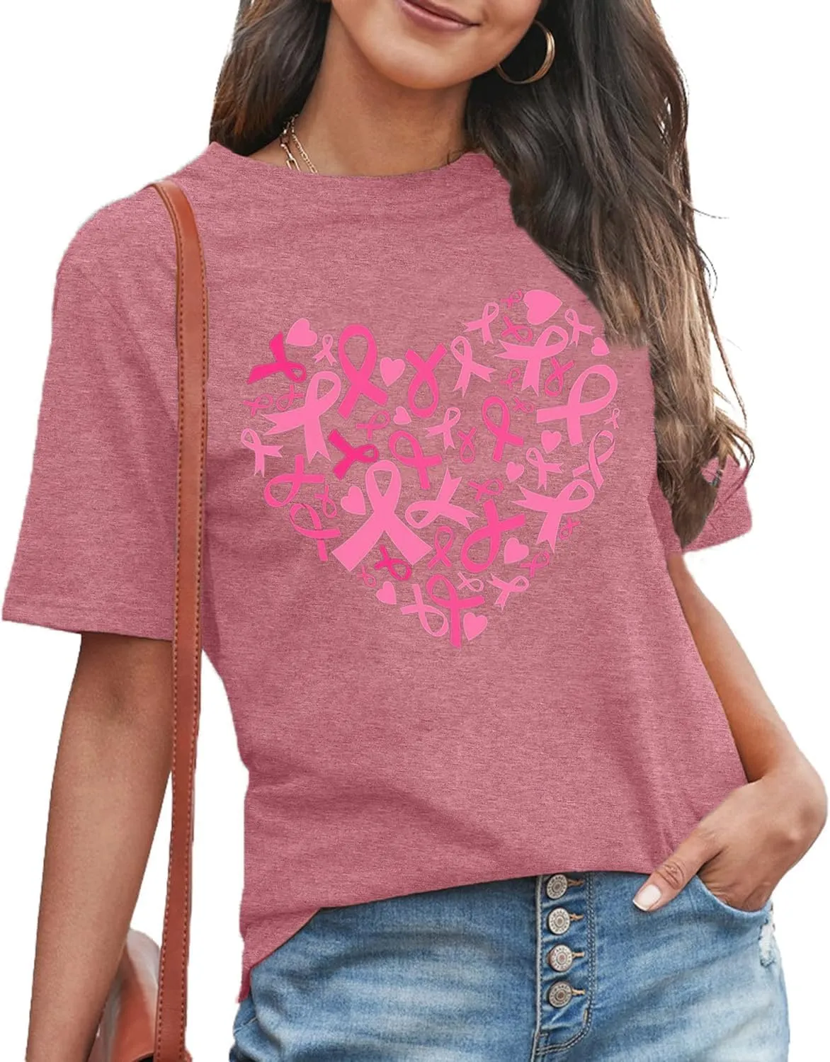 Womens Breast Cancer Awareness T Shirts Cute Love Heart Ribbon Graphic Print Tee Inspirational Short Sleeve Tops