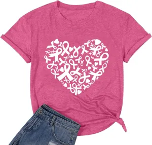 Womens Breast Cancer Awareness T Shirts Cute Love Heart Ribbon Graphic Print Tee Inspirational Short Sleeve Tops
