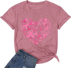 Womens Breast Cancer Awareness T Shirts Cute Love Heart Ribbon Graphic Print Tee Inspirational Short Sleeve Tops
