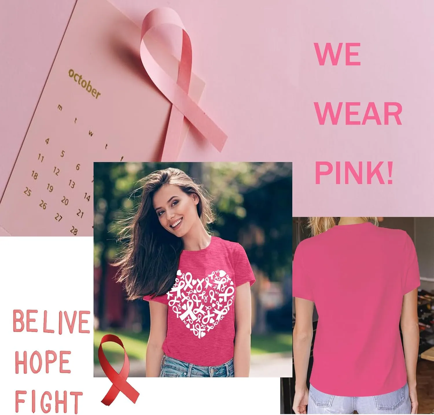 Womens Breast Cancer Awareness T Shirts Cute Love Heart Ribbon Graphic Print Tee Inspirational Short Sleeve Tops