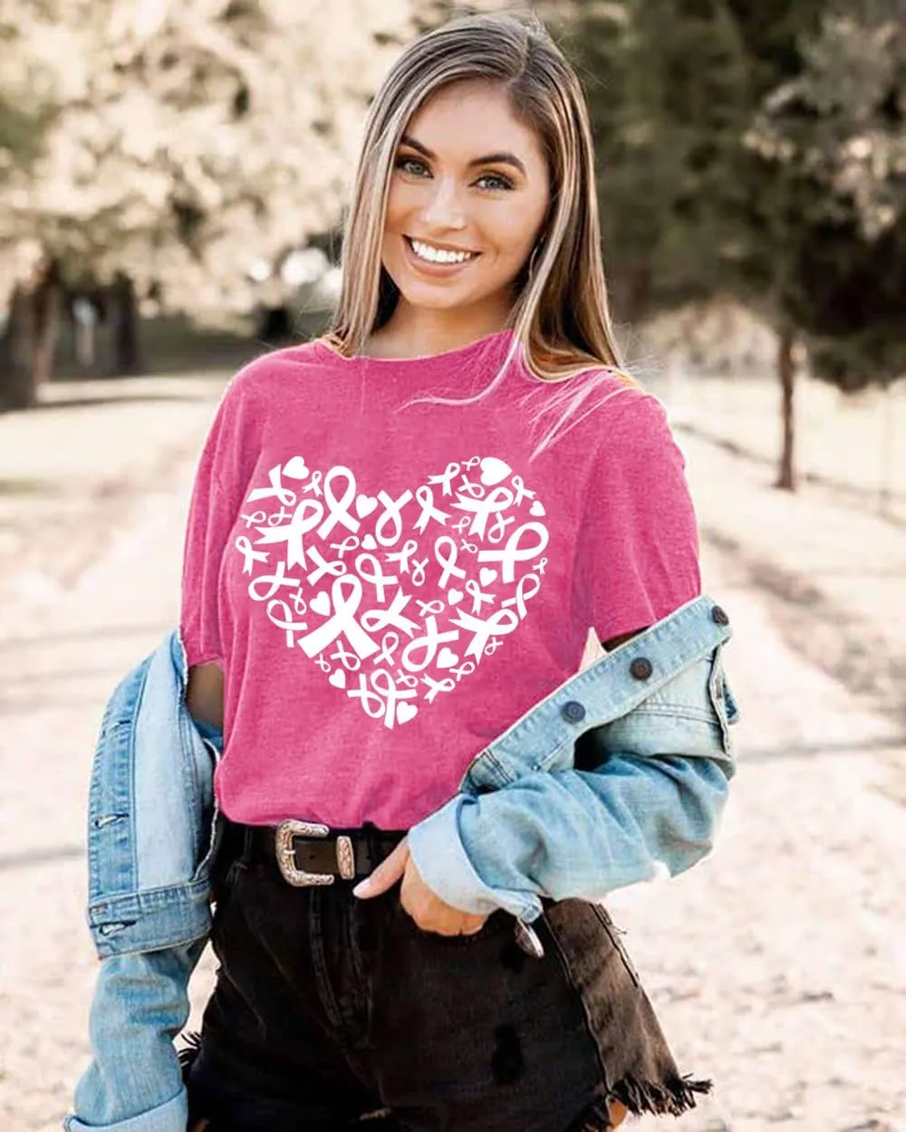 Womens Breast Cancer Awareness T Shirts Cute Love Heart Ribbon Graphic Print Tee Inspirational Short Sleeve Tops