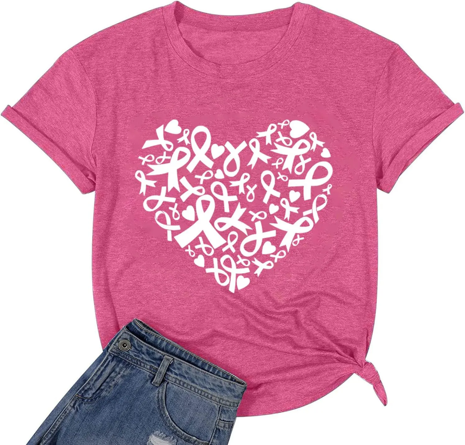 Womens Breast Cancer Awareness T Shirts Cute Love Heart Ribbon Graphic Print Tee Inspirational Short Sleeve Tops
