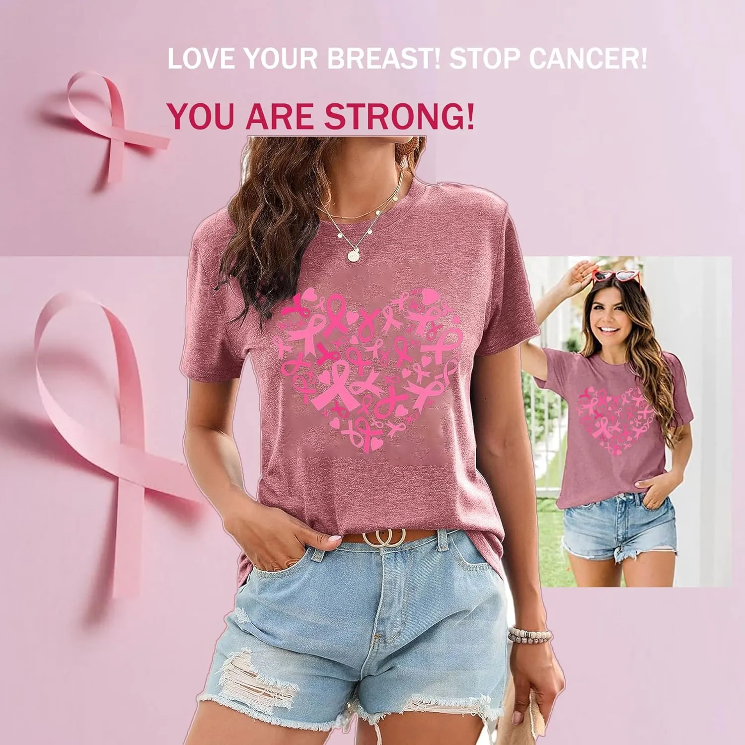Womens Breast Cancer Awareness T Shirts Cute Love Heart Ribbon Graphic Print Tee Inspirational Short Sleeve Tops