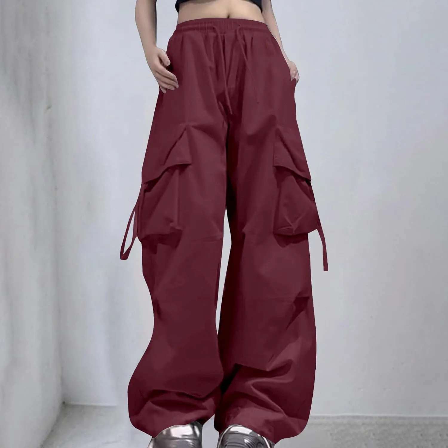 Women's Casual Cargo Pants High Waisted Loose Fit Wide Leg Comfortable Elastic Waist Summer Trousers with