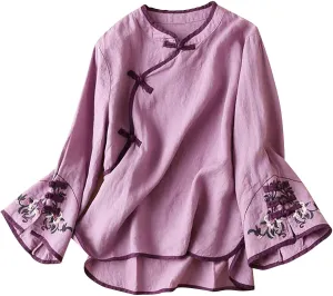 Women's Cotton Linen Retro Chinese Frog Button Tops Traditional Mandarin Collar Shirts Floral Embroidered Blouses