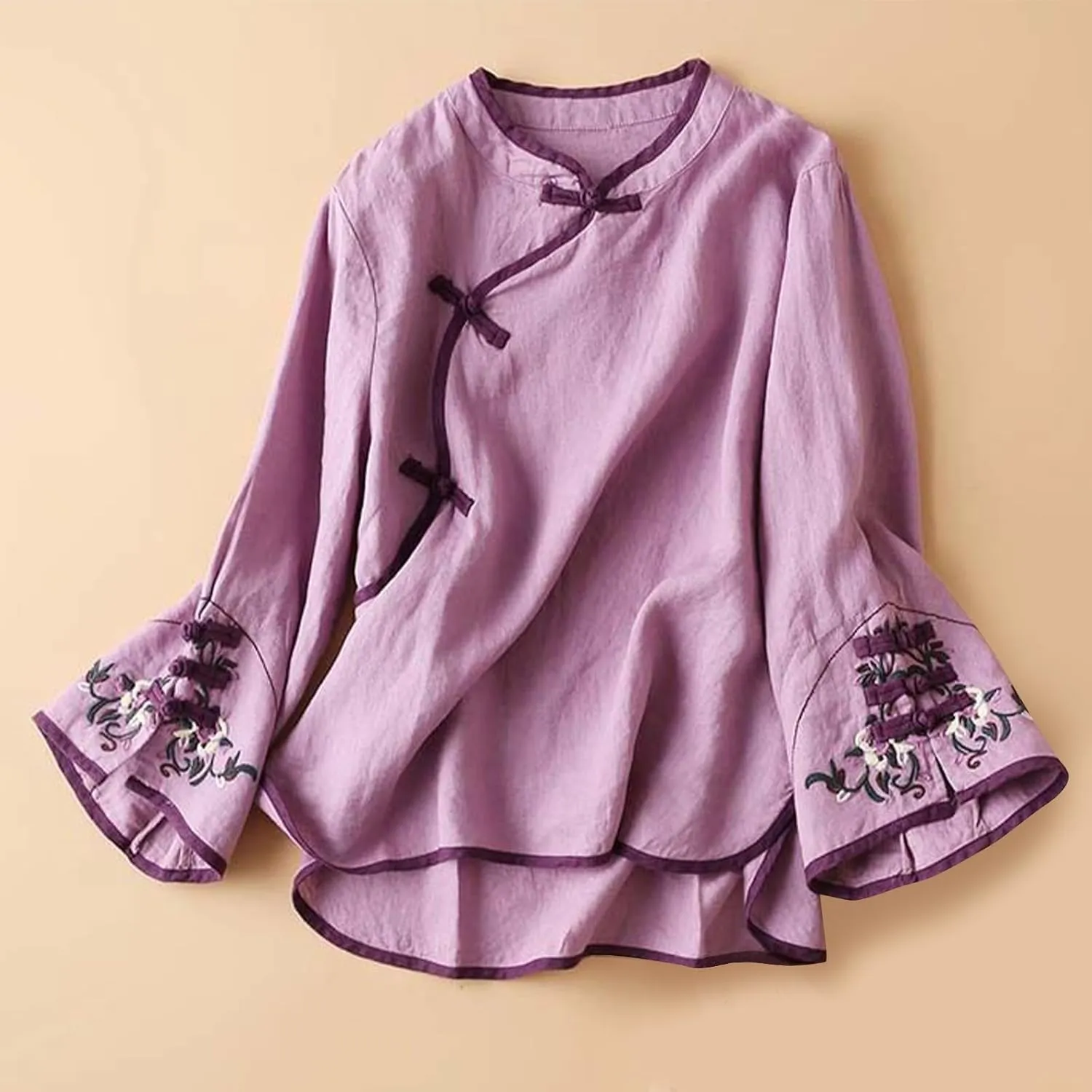 Women's Cotton Linen Retro Chinese Frog Button Tops Traditional Mandarin Collar Shirts Floral Embroidered Blouses