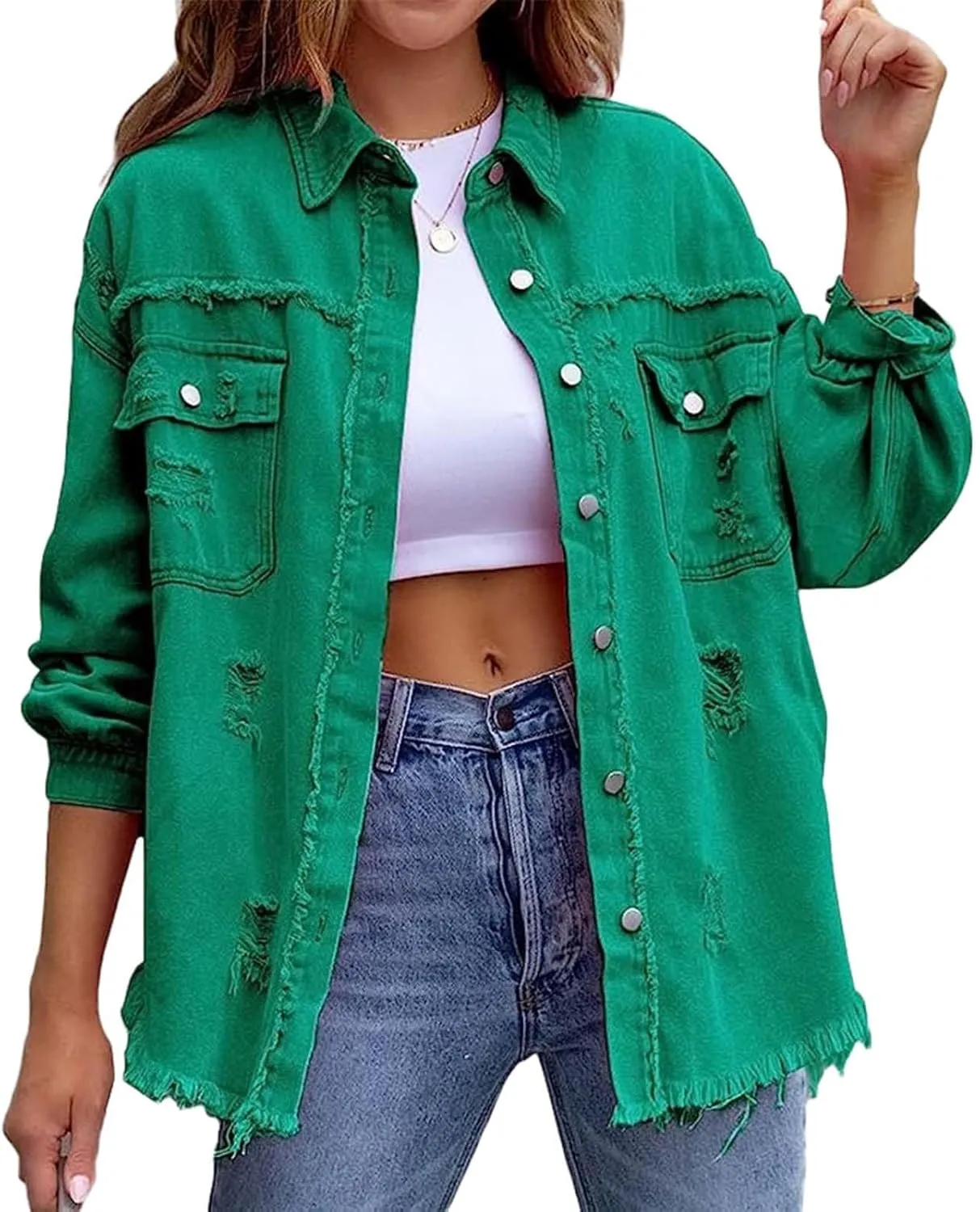 Women's Oversized Denim Jacket Button Up Frayed Hem Shacket Boyfriend Jean Coat Long Sleeve Stretchy Jackets Outfits
