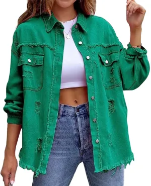 Women's Oversized Denim Jacket Button Up Frayed Hem Shacket Boyfriend Jean Coat Long Sleeve Stretchy Jackets Outfits