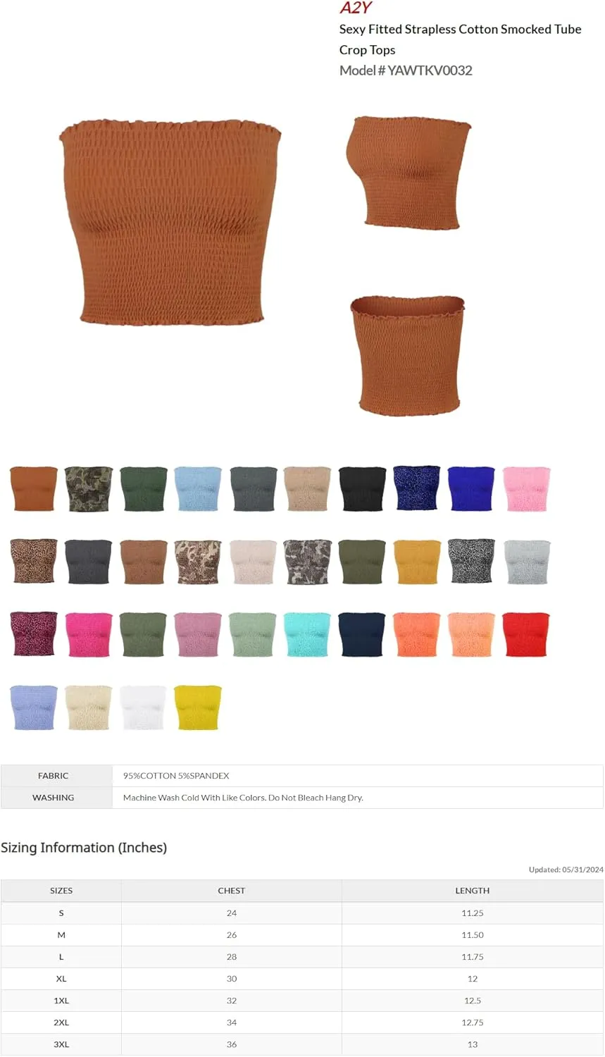 Women's Sexy Fitted Strapless Cotton Smocked Tube Crop Tops