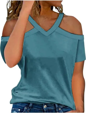 Womens Summer Cold Shoulder Tshirts Casual V Neck Tops Short Sleeve Loose Fit Blouse Trendy Solid Clothing 2025