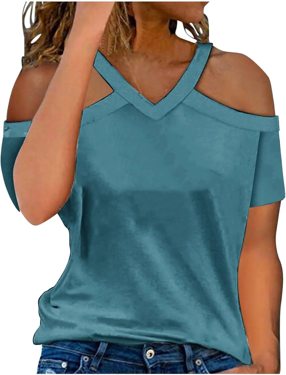 Womens Summer Cold Shoulder Tshirts Casual V Neck Tops Short Sleeve Loose Fit Blouse Trendy Solid Clothing 2025