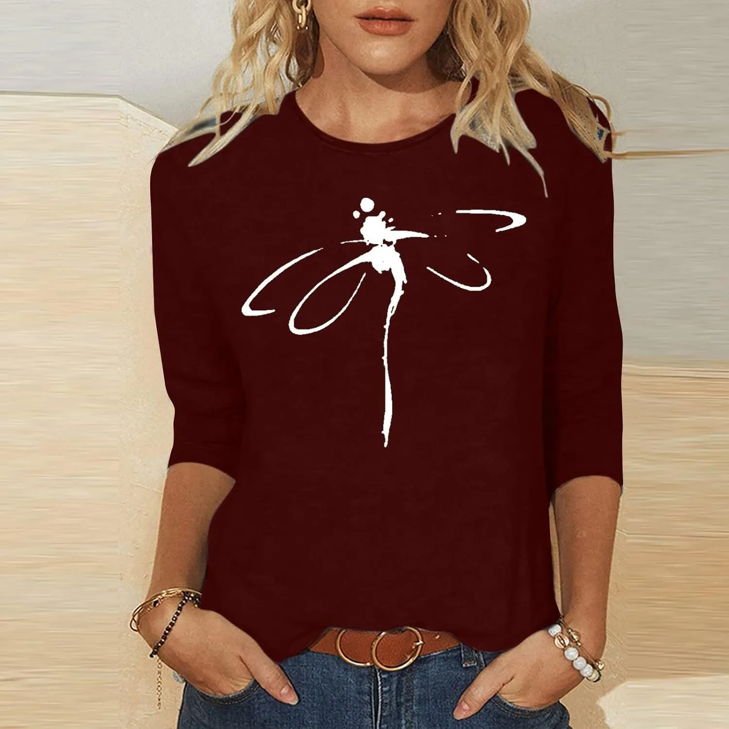 Womens Summer Tops Fashion Daisy Print Daily Shirts 3/4 Sleeve Casual Boat Neck Cute Tops Fashion Loose Fit T-Shirts