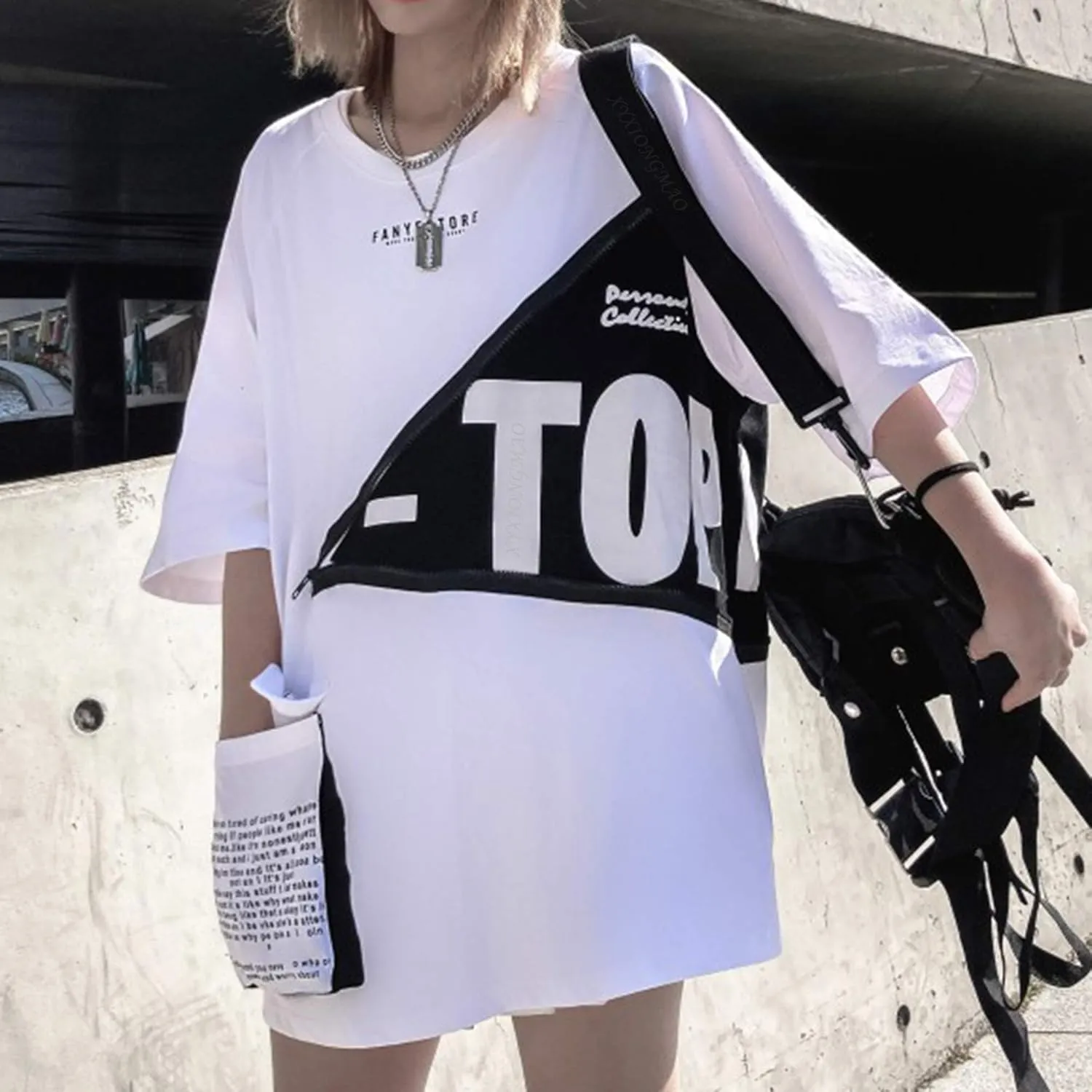XYXIONGMAO Men's Zipper Colorblock T-Shirt Pocket Casual Unisex Alphabet Graphic Print Streetwear Tees Shirts