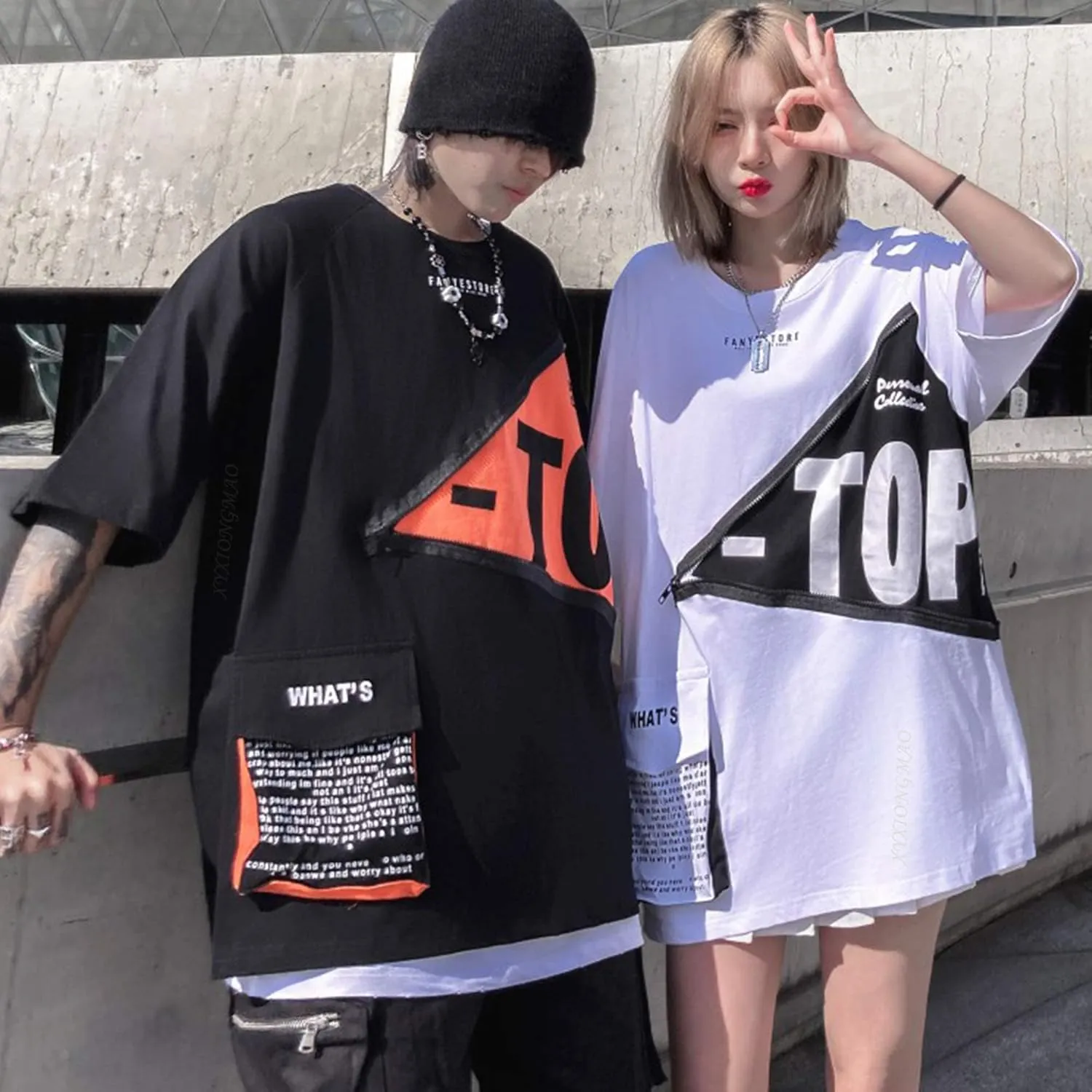 XYXIONGMAO Men's Zipper Colorblock T-Shirt Pocket Casual Unisex Alphabet Graphic Print Streetwear Tees Shirts