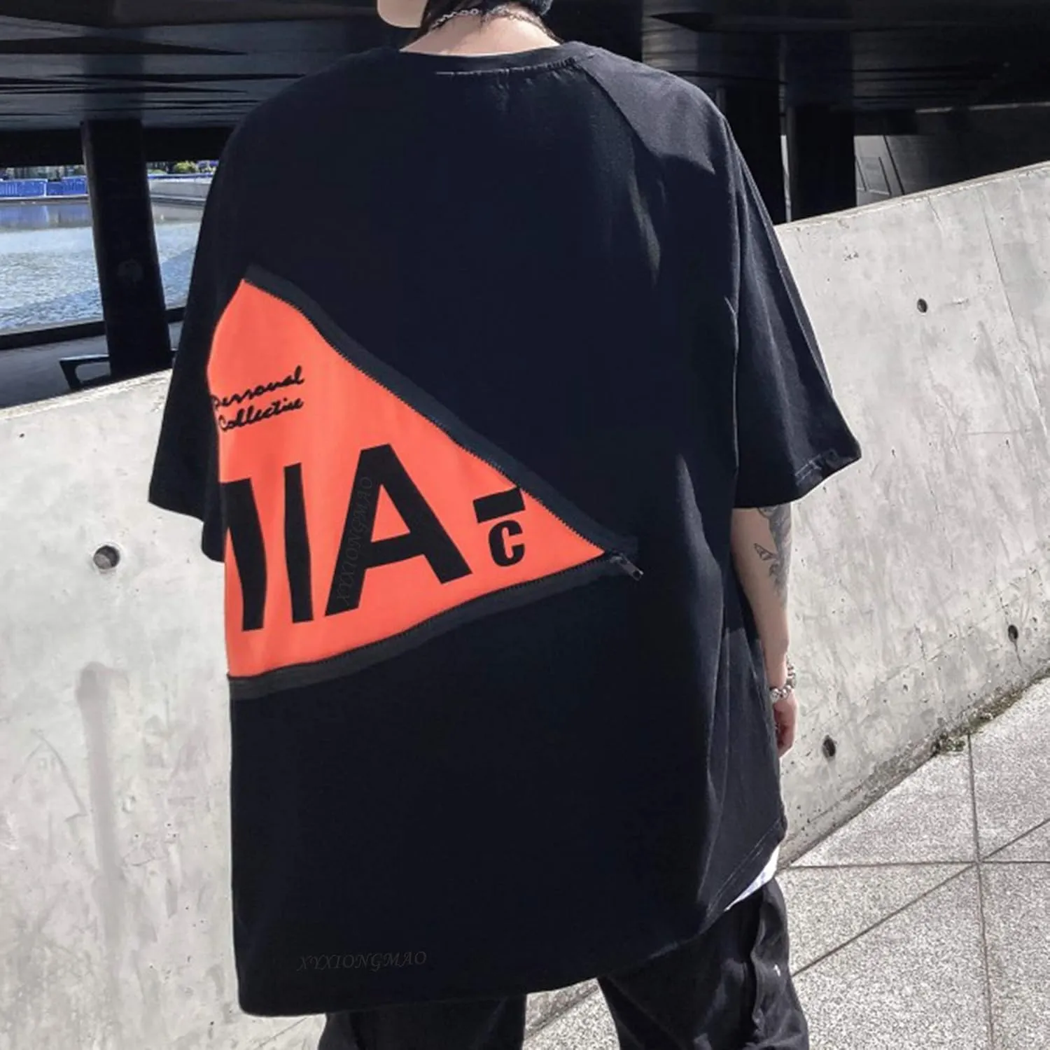 XYXIONGMAO Men's Zipper Colorblock T-Shirt Pocket Casual Unisex Alphabet Graphic Print Streetwear Tees Shirts