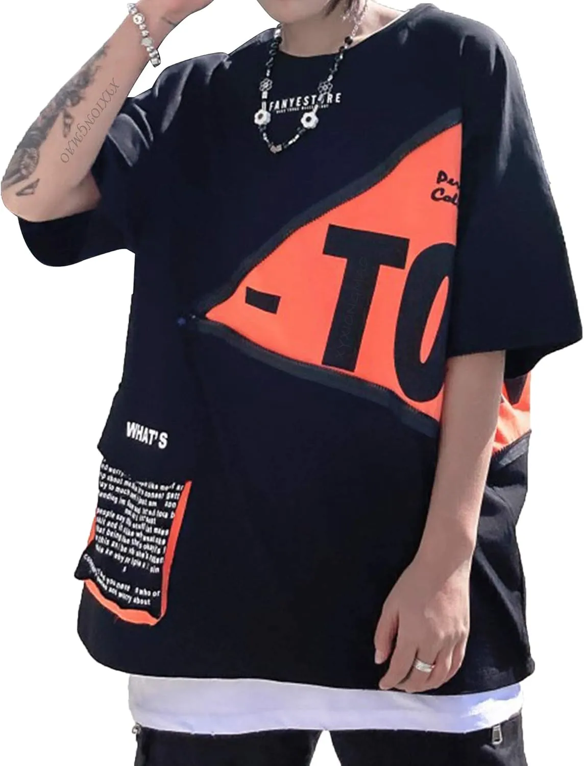 XYXIONGMAO Men's Zipper Colorblock T-Shirt Pocket Casual Unisex Alphabet Graphic Print Streetwear Tees Shirts
