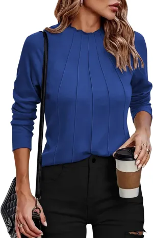 Zeagoo Womens Long Sleeve T Shirts Casual Mock Neck Tops Fall Pleated Blouses Basic Trendy Clothes 2024