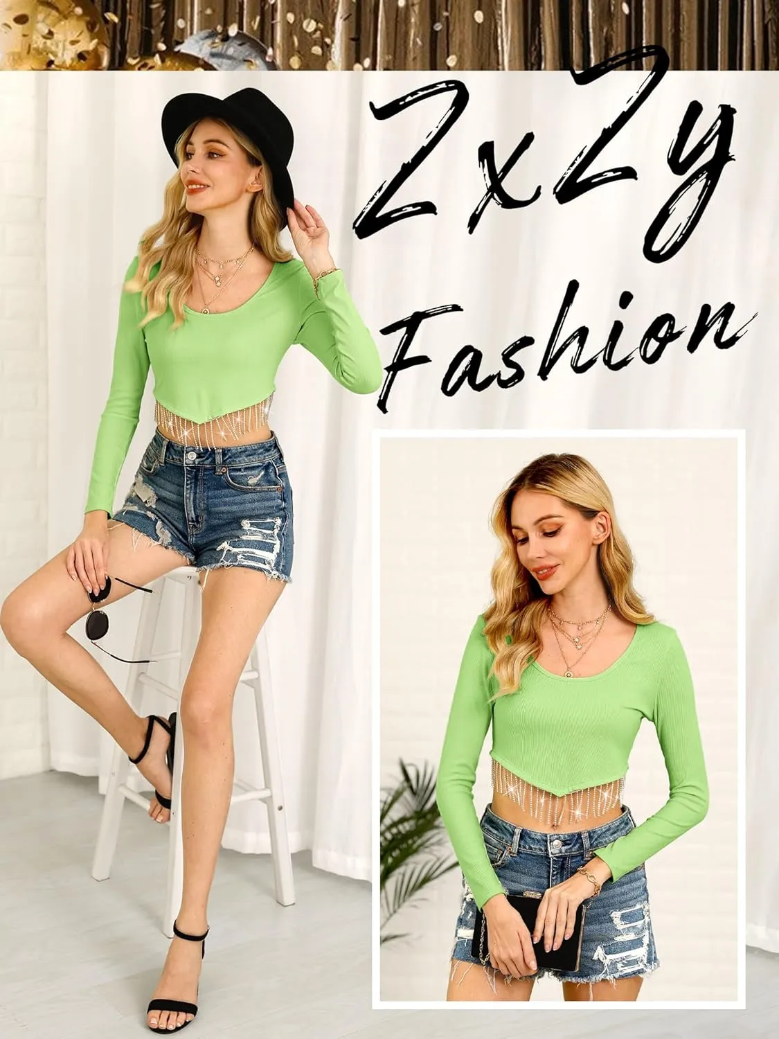 ZXZY Women Soft Ribbed Sparkly Rhinestone Fringe Long Sleeve Crop Top Cropped T Shirts