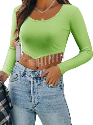ZXZY Women Soft Ribbed Sparkly Rhinestone Fringe Long Sleeve Crop Top Cropped T Shirts