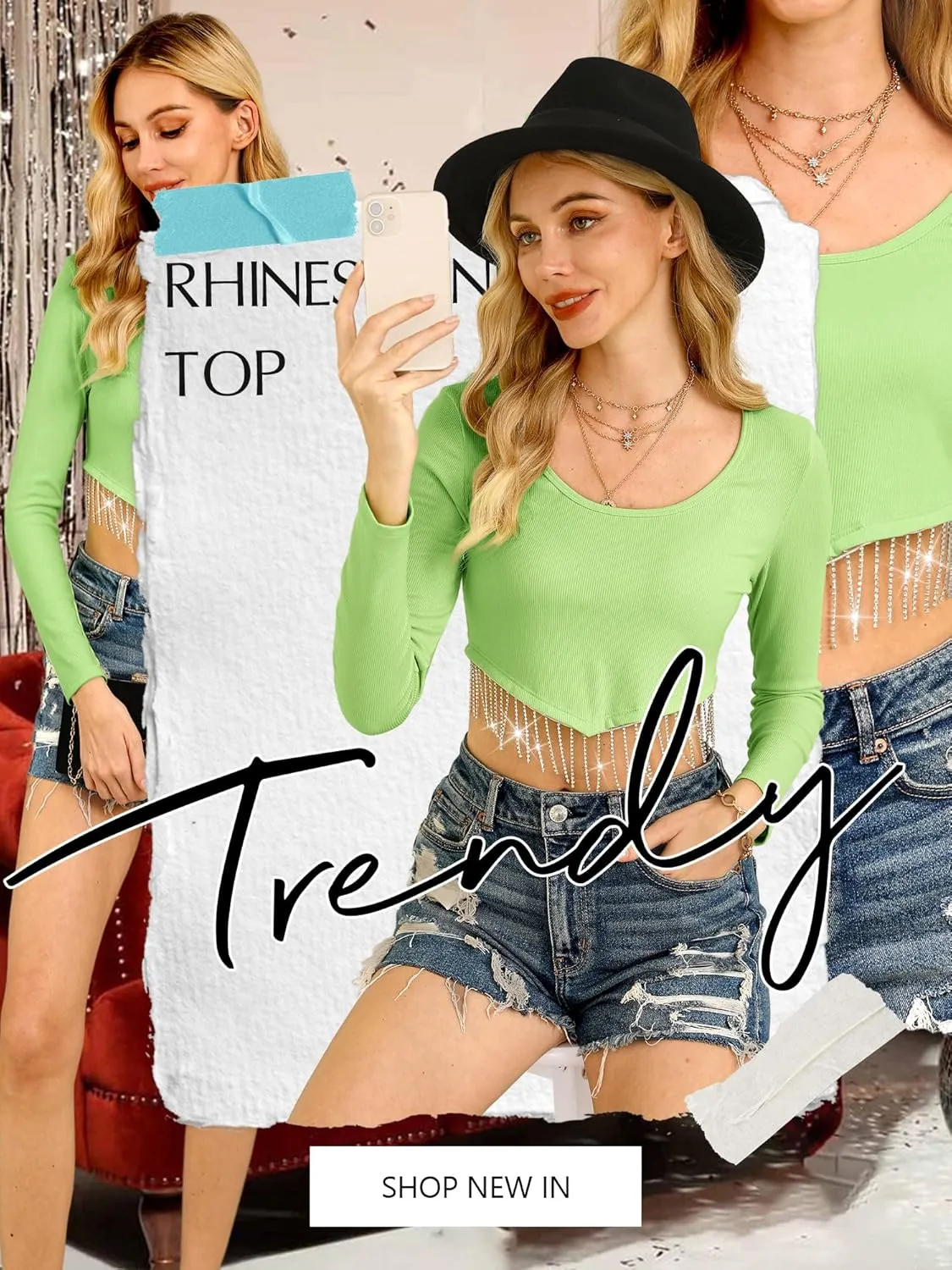 ZXZY Women Soft Ribbed Sparkly Rhinestone Fringe Long Sleeve Crop Top Cropped T Shirts