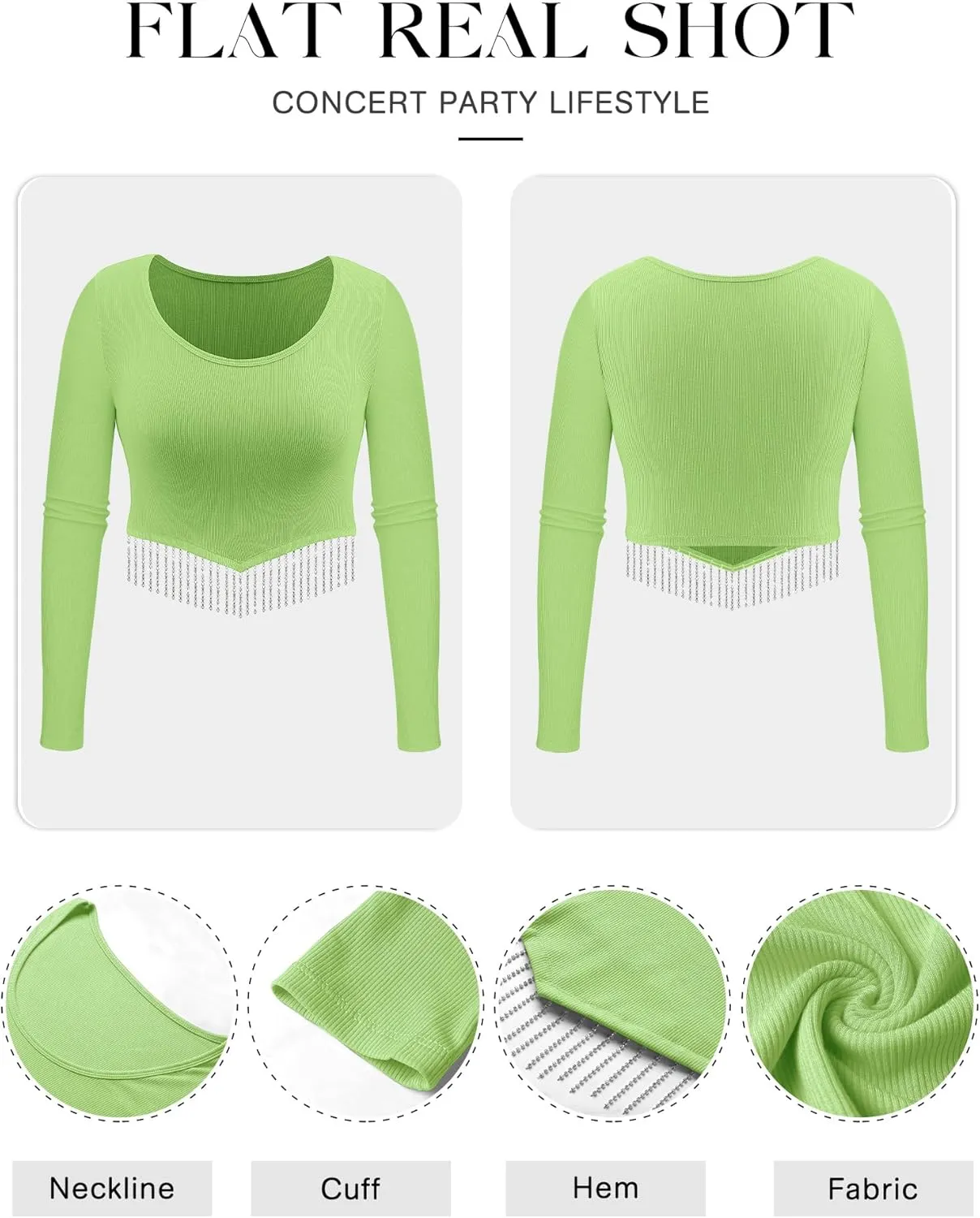 ZXZY Women Soft Ribbed Sparkly Rhinestone Fringe Long Sleeve Crop Top Cropped T Shirts